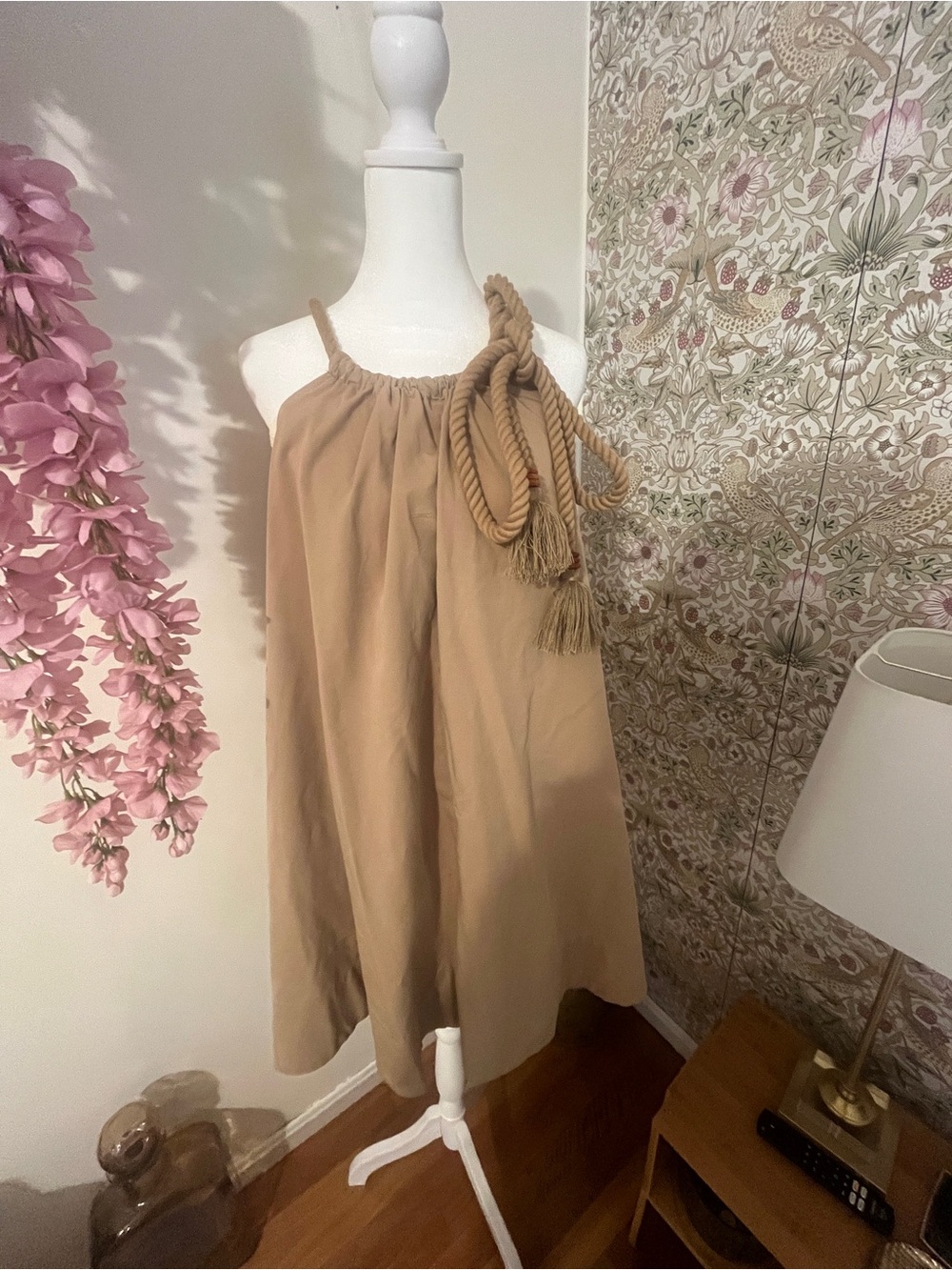 Bloomingdale’s Aqua Neutral Tan Rope-Accent Halter Dress